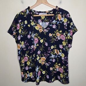 Loft | Navy Pink Yellow Orange Floral Mixed Material Ruffle Neck Top Size XL
